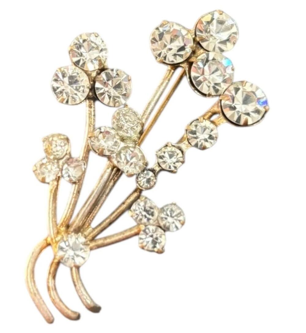 Signed Austria Rhinestone Flower Bouquet Brooch Vintage Gold Tone Sparkle Pin